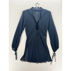 LVL X - Sheer Tunic Top Velvet Trim Tassel Tie Sleeve - Black - XS - Women